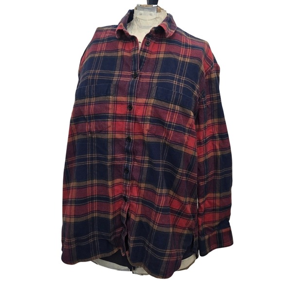 Madewell Tops - Madewell Oversized Ex-Boyfriend Flannel Shirt Plaid Red Navy Button Down Women S